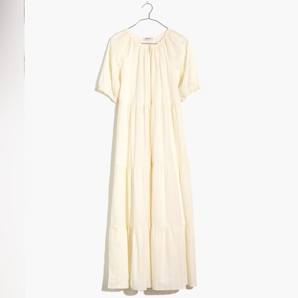Madewell Bubble-Sleeve Tiered Midi Dress in Textural Stripe